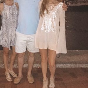 Beige/White Floral Lace Up Flare Long Sleeve Dress